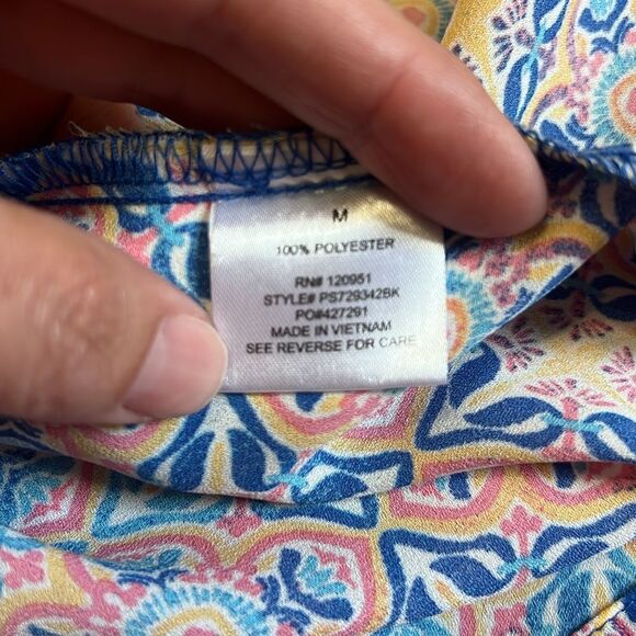 Pink Rose Size Medium Geo Floral 3/4 Sleeve Blouse Top Tunic Pink Blue Colorful - Picture 6 of 6